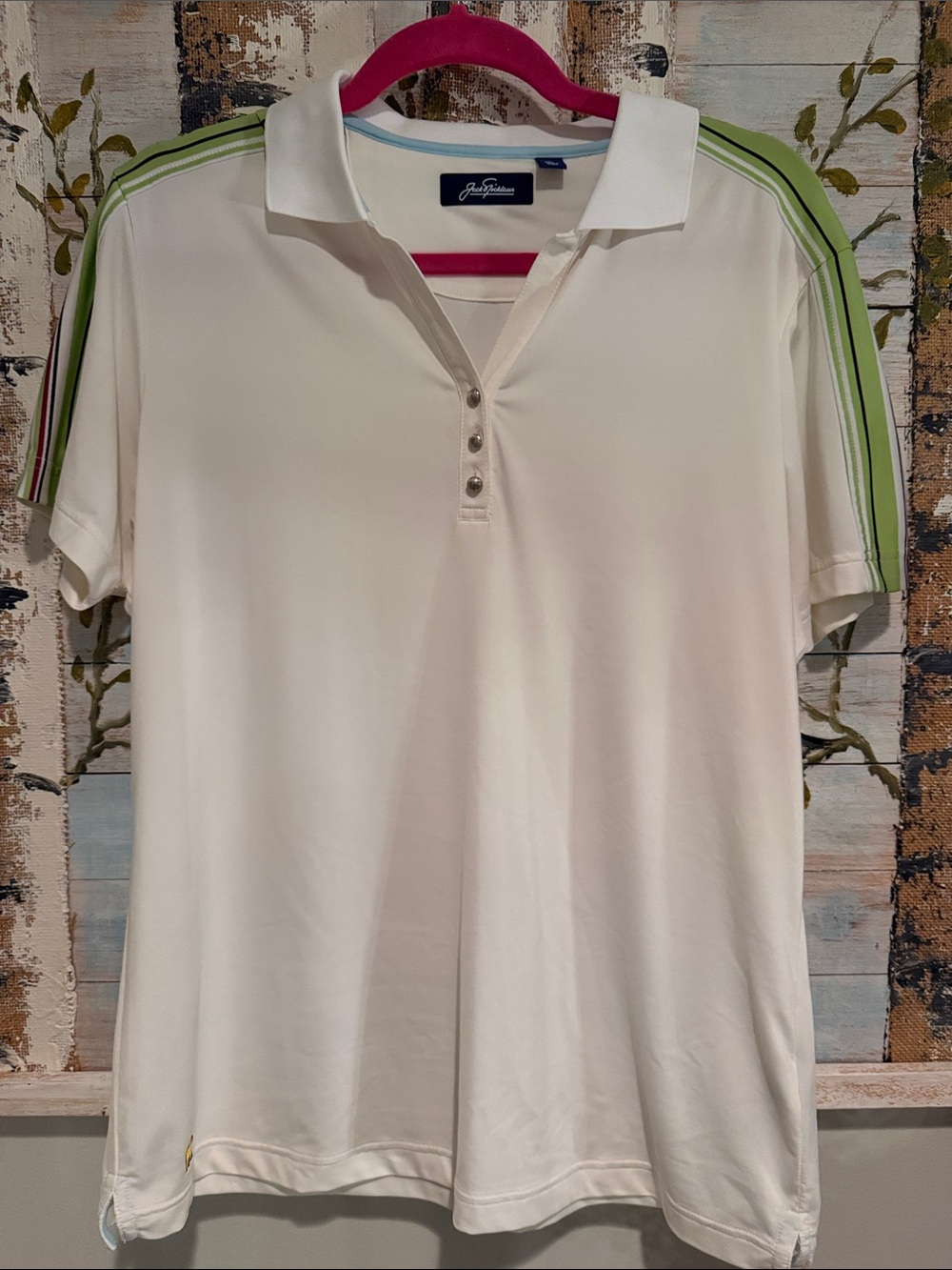Jack Nicklaus Women's White Short-Sleeve Polo with Green Shoulder Stripes